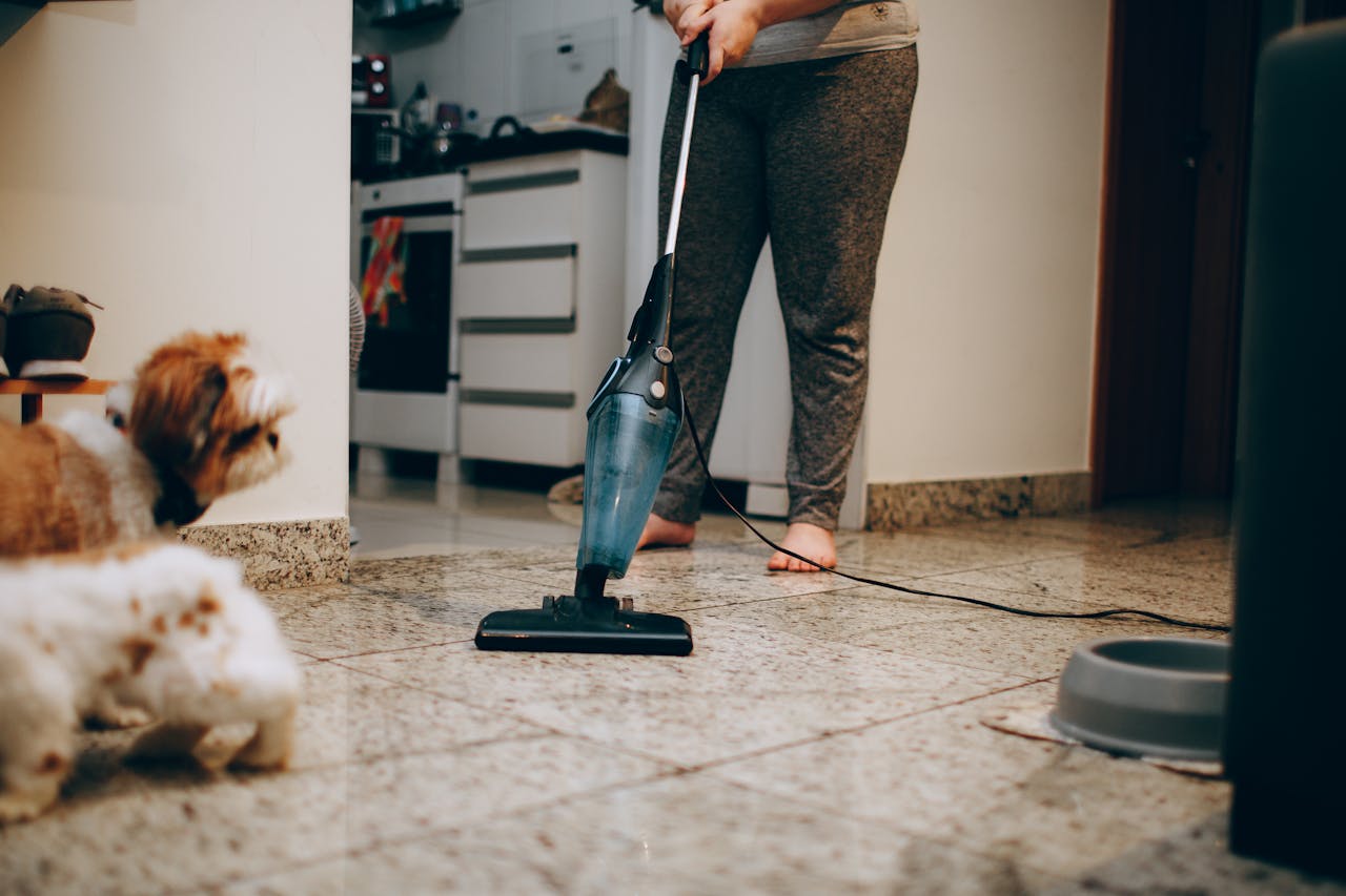 services-01 A woman cleaning the floor with a vacuum cleaner while a dog watches attentively. Indoor home setting.